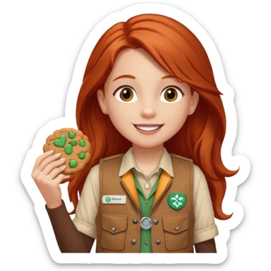 happy white girl scout with red long hair selling cookies with a brown Girl Scout vest and white shirt under vest. She should be around 10 years old sticker
