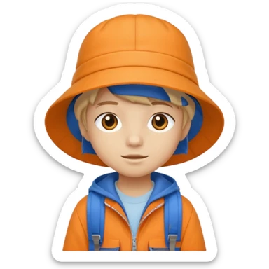 A little student with beige bucket hat, orange jacket, blue backpack sticker
