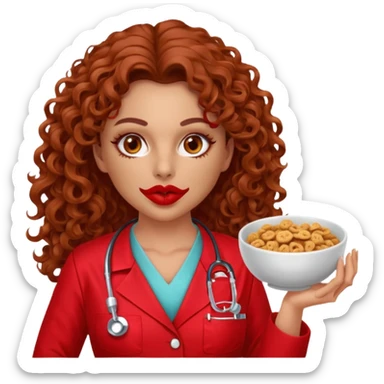 Sensual Spanish Lilith core evil surgeon.red outfit.  Surgeon has hazel eyes. Her hair is BROWN. Hair is also  long and  curly. wearing a sexy surgeon outfit with platform heels.she is a calculated smart cereal killer. She covers only her mouth and nose to hide identity  sticker