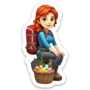 Female winter mountain climber red hair white skin climbing with Greek and EU flags and Easter eggs basket sticker