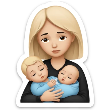 Minimalistic flat vector icon, iOS style, thin black contour on white background. Silhouette of a sad mother holding a baby, small tear drop. Clean, no text, no shadows sticker