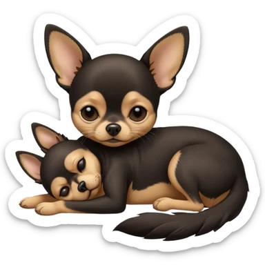 A high-resolution photo-realistic digital illustration of a cute black and tan chihuahua with eyes closed shut sleeping lazily on the ground sticker