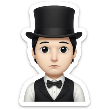 A man with snow white skin, a black half mask with an eye hole, a black top hat, a black vest with a black tie tucked underneath, and a white collared shirt. A frown, and closed eyes. sticker