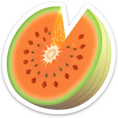 whole cantaloupe melon with rough netted beige-green rind, thick wedge slice showing bright orange flesh and seed cavity, juicy soft inside, firm rind, clean 3D, soft lighting, emoji scale sticker