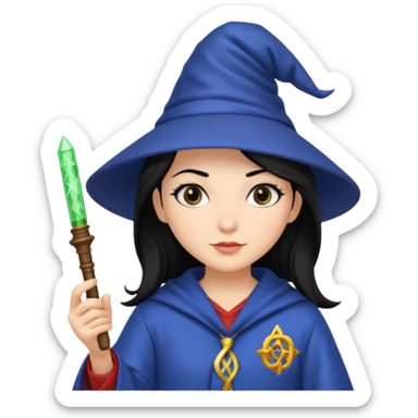 Female wizard with black hair holding a DNA wand sticker