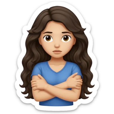 Hispanic light tan girl with long dark wavy hair crossing her arms under arm pit and slightly pouting sticker