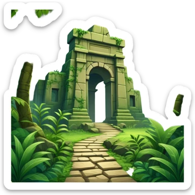 Icon for Adventure Movie: A vintage movie poster-style design with a jungle clearing path, dense foliage surrounding it. In the distance, ancient ruins peek through the trees. The atmosphere is mysterious and adventurous, with soft light cutting through the trees. Transparent background. sticker