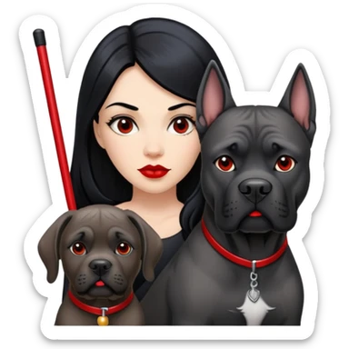 woman with long black hair and red lips next to a black Cane Corso dog with cropped ears and short tail sticker