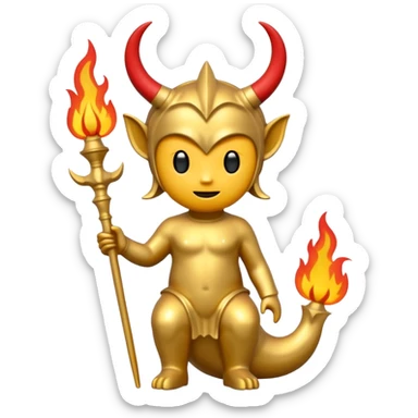 Minimalist emoji-style sticker of a full-body Oscar-like statue in gold color, with subtle devilish elements: small horns on the head, a pointed tail, and fire around the base. Flat design, thick lines, black, gold, and red color palette, silhouette style, centered on white square background. sticker