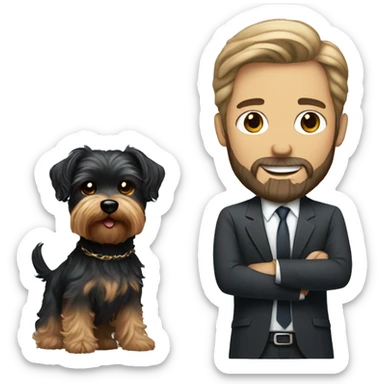 white man with beard and black woman with curl hair holding a mini Yorkshire terrier  sticker