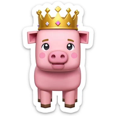 minecraft pig full body pink blocky animal square head square body wearing a crown sticker