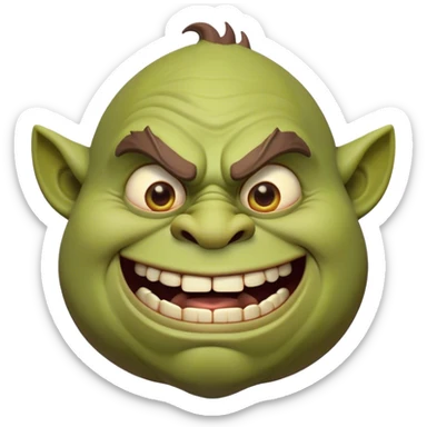 Cinematic Comical Ogre Portrait Emoji, with a strikingly exaggerated, bulky figure in vivid earthy greens and browns, head tilted in a dramatically surprised expression with wide, comically bulging eyes and a goofy, oversized grin, simplified yet hilariously exaggerated, highly detailed with a soft, cartoonish glowing outline capturing the playful absurdity of a meme-worthy ogre! sticker