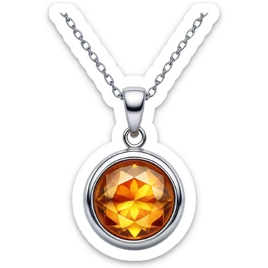 extreme close up of a round cut holographic amber charm with silver metal accent and delicate chain sticker