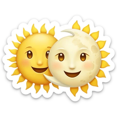 a really bright  big sun and a small moon who shines because of it. the sun is bigger and the tiny \moon bright too beside it smiling looking at each other sticker