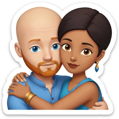 Bald white male with ginger beard and blue eyes hugging indian brown woman with short DARK black hair sticker