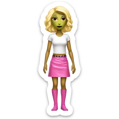 reptilian alien woman, blonde, in pink leather mini skirt, full body sticker
