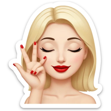 A smiling face with closed eyes forming upward curved lines, visible eyelashes, pursed lips with red lipstick, and a hand showing only the thumb out with all other fingers closed against the palm, painted nails sticker