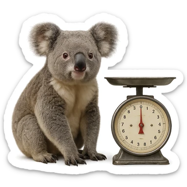 realistic koala sitting next to a scale, lifelike textures, photorealistic style sticker