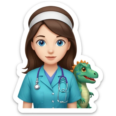 pretty brunette nurse with long hair and blue eyes in dinosaur scrubs sticker