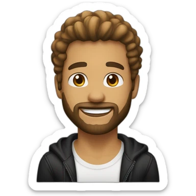 light skin brown guy, fade hair, good beard, white teeth, black t shirt approximately 30 years old sticker