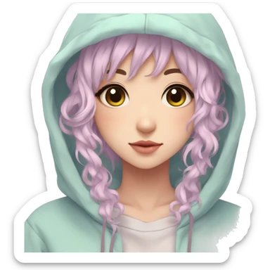 Gorgeous pastel anime girl with blushing face and hair garnitures and pretty hair and a hoodie aesthetic trending style sticker
