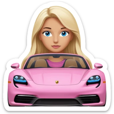 pink Porsche taycan with blonde girl, long hair, blue eyes, front view point of view, no sunglasses, sexy sticker