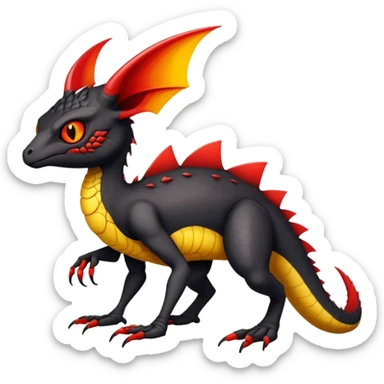 a black exotic edgy vernid-fionbr-Fakémon-creature, with red belly and yellow eyes, full body sticker
