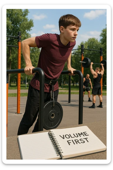 Atleta neofita giovane in un parco attrezzato per streetlifting, fisico ancora in fase iniziale. È intento a eseguire molte ripetizioni di esercizi a corpo libero con pesi leggeri (zavorra moderata), come trazioni e dip su parallele. Accanto a lui un taccuino di allenamento con la scritta 'Volume First'. L’atmosfera è luminosa e motivante, con altri atleti più muscolosi che sollevano carichi pesanti, ma lui è concentrato sul gesto tecnico e sulla costanza. Stile realistico, colori naturali, messaggio educativo su priorità all’adattamento progressivo e al volume. sticker