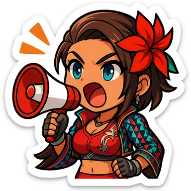 Azucena from Tekken 8 in chibi sticker style, with a megaphone, shouting, wearing the detailed red and patterned outfit from the reference images, designed for Twitch emote use. sticker