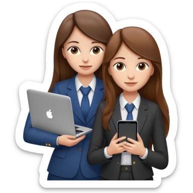 two brown haired girls, looking professional maybe leaned on each others back and looking forward and using phones, with long hair and one girl can hold lap top another one can hold the phone, professional clothes sticker