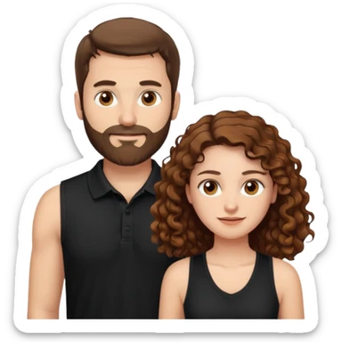 Criar Casal - Homem branco de cabelo liso e olhos marrom, com barba, expressão séria usando camiseta polo preta e mulher de pele branca cabelo cacheado marrom longo e olhos mel, usando uma regata fina branca, quero ela sorrindo sticker