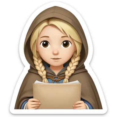 girl with blond braids wearing a tunic and a cloak with a hood over her shoulders holding a sheet of paper, medieval age sticker