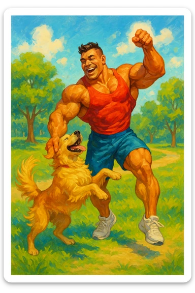 Bodybuilder che balla con un golden retriever sticker