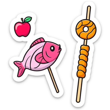 A cute arrangement of red apple, fish cake with pink swirl, rice cracker, and tri-colored dango skewer as a food snack collection sticker