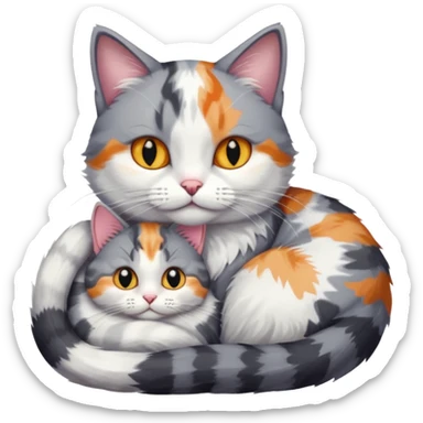 grey and white cat cuddling a colourful light patched calico + white tabby cat sticker