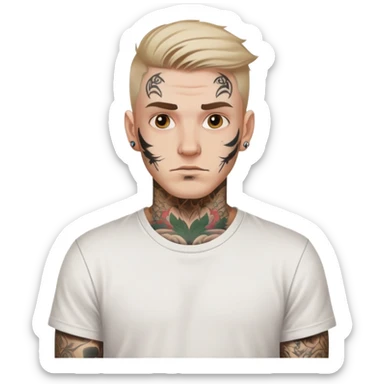 white man with face tattoo, neutral expression, wearing a white t-shirt sticker