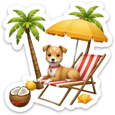 a dog laied on a beach chair, a sunny beach, a sun umbrella, and beach coconut trees. the icon should capture the essence of a relaxing beach vacation with a carefree atmosphere sticker