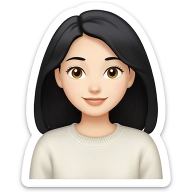 A woman with longer black hair, light to medium skin tone, full cheeks, and almond-shaped eyes, wearing a simple white sweater, joyful and radiant expression, cheerful. sticker