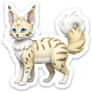Albino-white, blue-eyed soft natural realistic romantic vintage antique divine beautiful elegant pretty precious cute young youthful  Fakémon-Pokémon-feline-Zeraora-Jolteon-serval-caracal-chinchilla-Minccino-Cinccino-Meowstic-rodent-hybrid-creature with a big fluffy bushy tail (full body) sticker