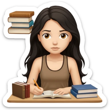 a pretty bratz light dusky girl with long wavy black hair in a brown tank top studying and lookinh tired with stacks of books and papers sticker
