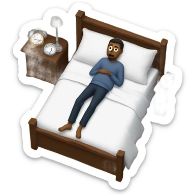A man in his bed seeing a black figure and his phone reads 12:30 am sticker