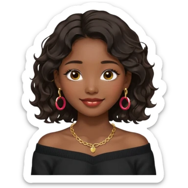 A South Korean girl with dark brown black wavy hair with middle part and layers. She is wearing a black off the shoulder long sleeve sweater, tiny gold hoop earrings and a dainty gold necklace. She is sweet and smiling with lips together sticker