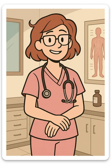 female doctor wearing a pink outfit, stethoscope, friendly expression, medical setting, modern illustration style sticker