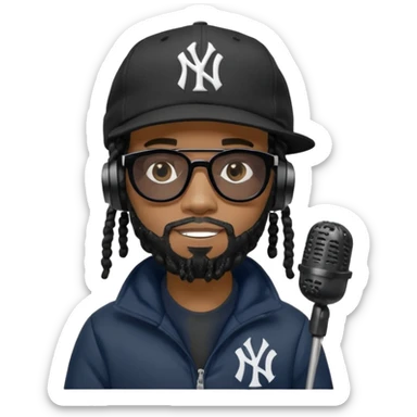 African American man with shoulder length black dreadlocks with black beard wearing black sunglasses wearing a New York Yankees logo baseball cap wearing a all dark black bubble winter coat wearing headphones rapping into recording studio microphone with a mic cover sticker