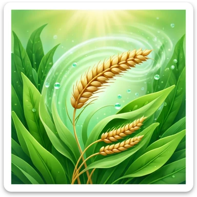 Golden wheat ear floating among green leaves and bright particles, spinning around an ethereal digestive system with soft light texture, while subtle cleansing waves pass through the air like a purifying spell sticker
