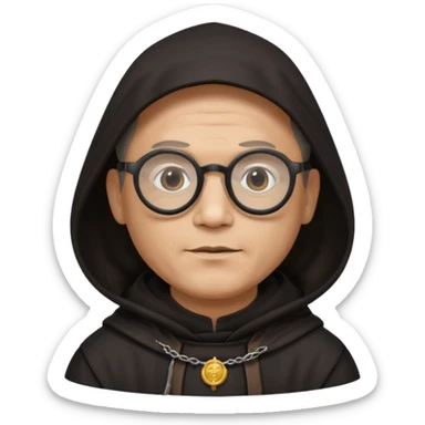 Monk priest prayer black habit with hood round black glasses done light brown wavy hair under hood remove the medallion smaller more round glassed age 46  sticker