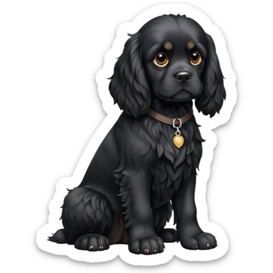 cinematic-[black cocker spaniel dog]-realistic-full-body-sitting-emoji,-tail-resting-loosely-beside-its-paws,-head-tilted-dramatically,-scruffy-[solid black]-fur,-simplified-yet-realistic-focused-features,-highly-detailed,-glowing-with-an-almost-sarcastic-glow sticker