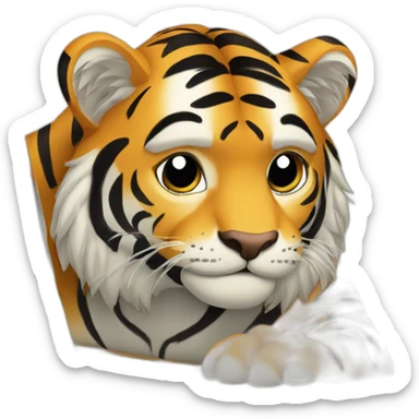 A tiger who study on a laptop with the word "AVEX" on the laptop sticker