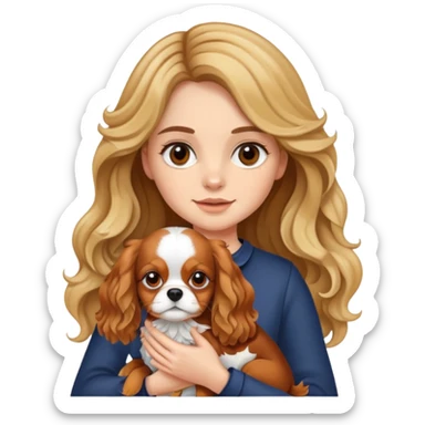 Girl with fair skin, long and brunette wavy hair with blonde highlights, holding a cavalier king dog sticker