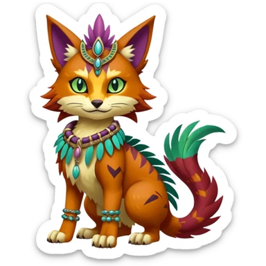 Kawaii cute reddish orangish yellowish greenish purplish exotic tribal beautiful pretty elegant divine edgy feline-vernid-sergal-Fakémon-Pokémon-Digimon-fursona-animal-creature with bracelet, necklace, full body, with intricate detailed markings, feather headdress  sticker